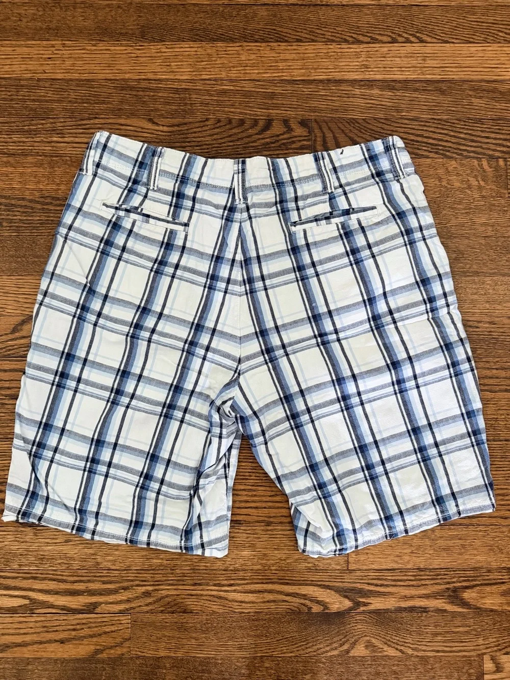 Men's White Plaid Flat Front Shorts with Blue Checks